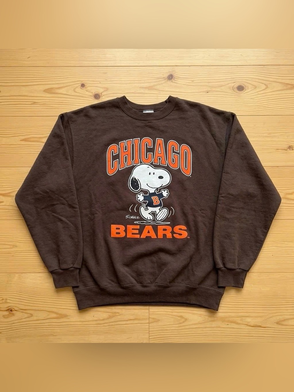 Vintage Brown Chicago Bears Cartoon Graphic Crewneck with Orange Print